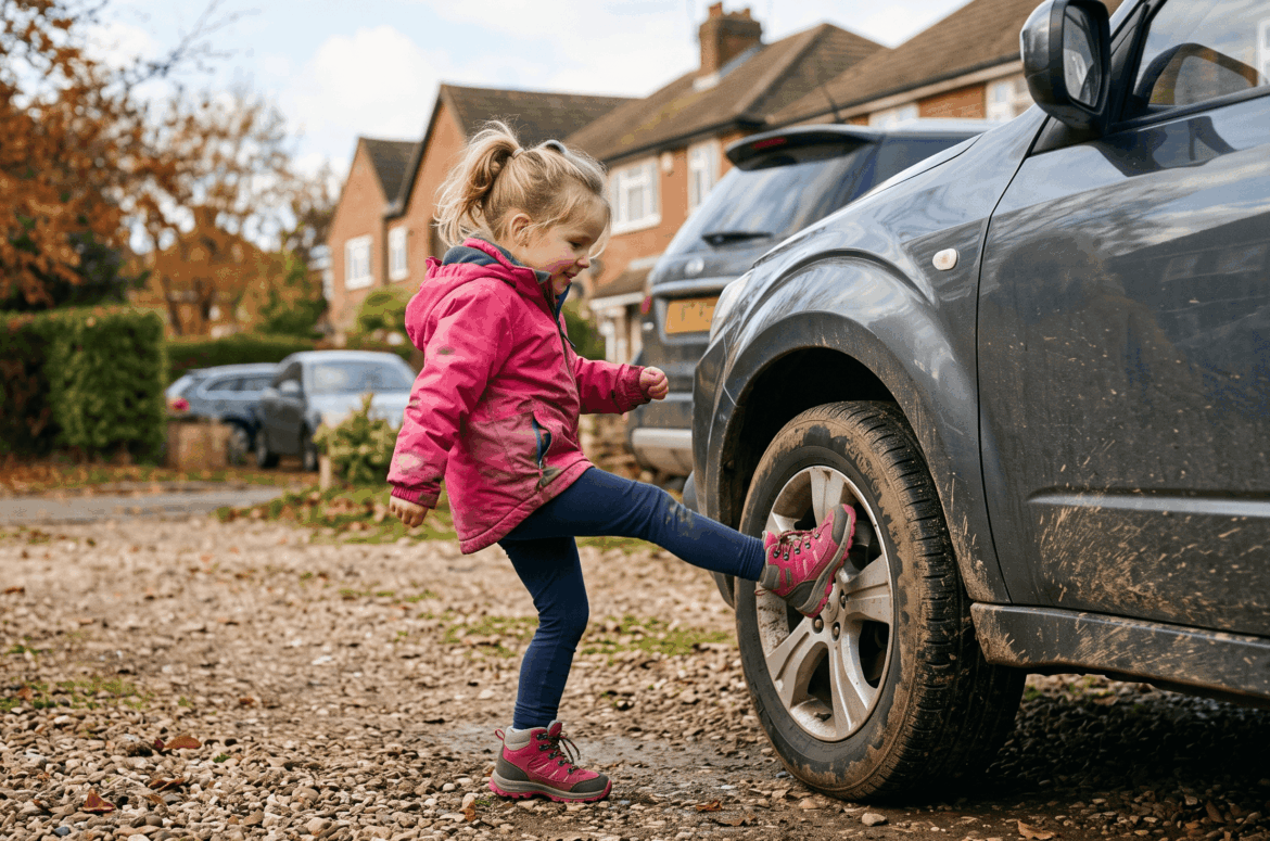 Bimba calcia un'auto Rubiera ph AI